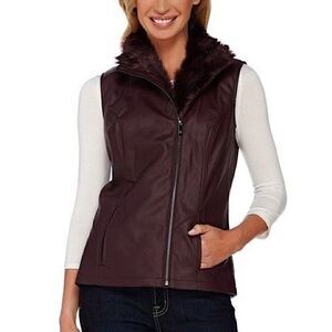Dennis Basso Merlot Faux Fur and Leather Moto Vest, Small